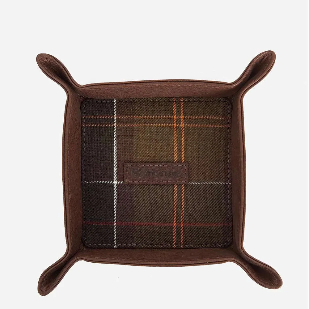 Barbour Leather Valet Tray and Card Holder Gift Set Classic Tartan - Brown