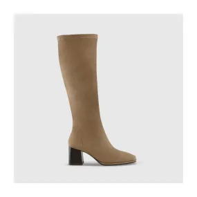 Bottes à talons femme en textile élastique de couleur camel | LODI Chaussures femme en ligne.