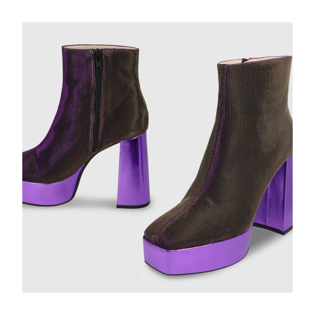 Bottines à talons femme en tissu élastique violet avec reflets bronze | LODI Chaussures femme en ligne.