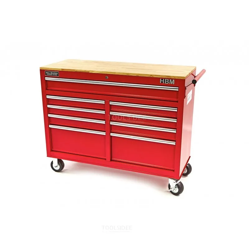 Chariot à outils HBM avec plan de travail en bois - 117 cm - Rouge