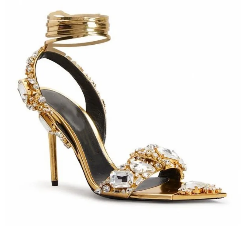 Crystal Métallique Sandales À La Cheville Embellies Talons Talons À Talons Pour Femmes Chaussures De Soirée De Fête Ouverte De M