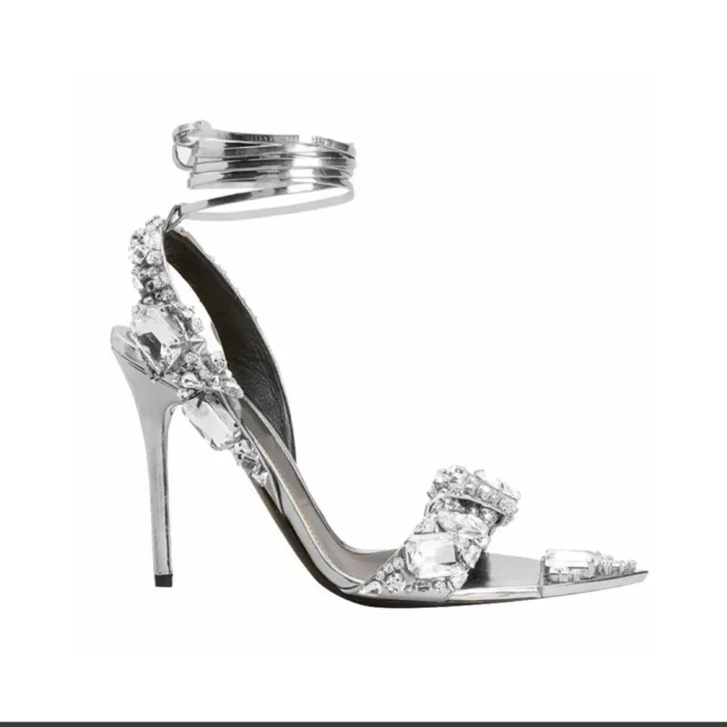 Crystal Métallique Sandales À La Cheville Embellies Talons Talons À Talons Pour Femmes Chaussures De Soirée De Fête Ouverte De M