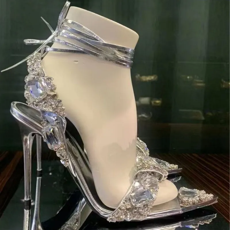 Crystal Métallique Sandales À La Cheville Embellies Talons Talons À Talons Pour Femmes Chaussures De Soirée De Fête Ouverte De M
