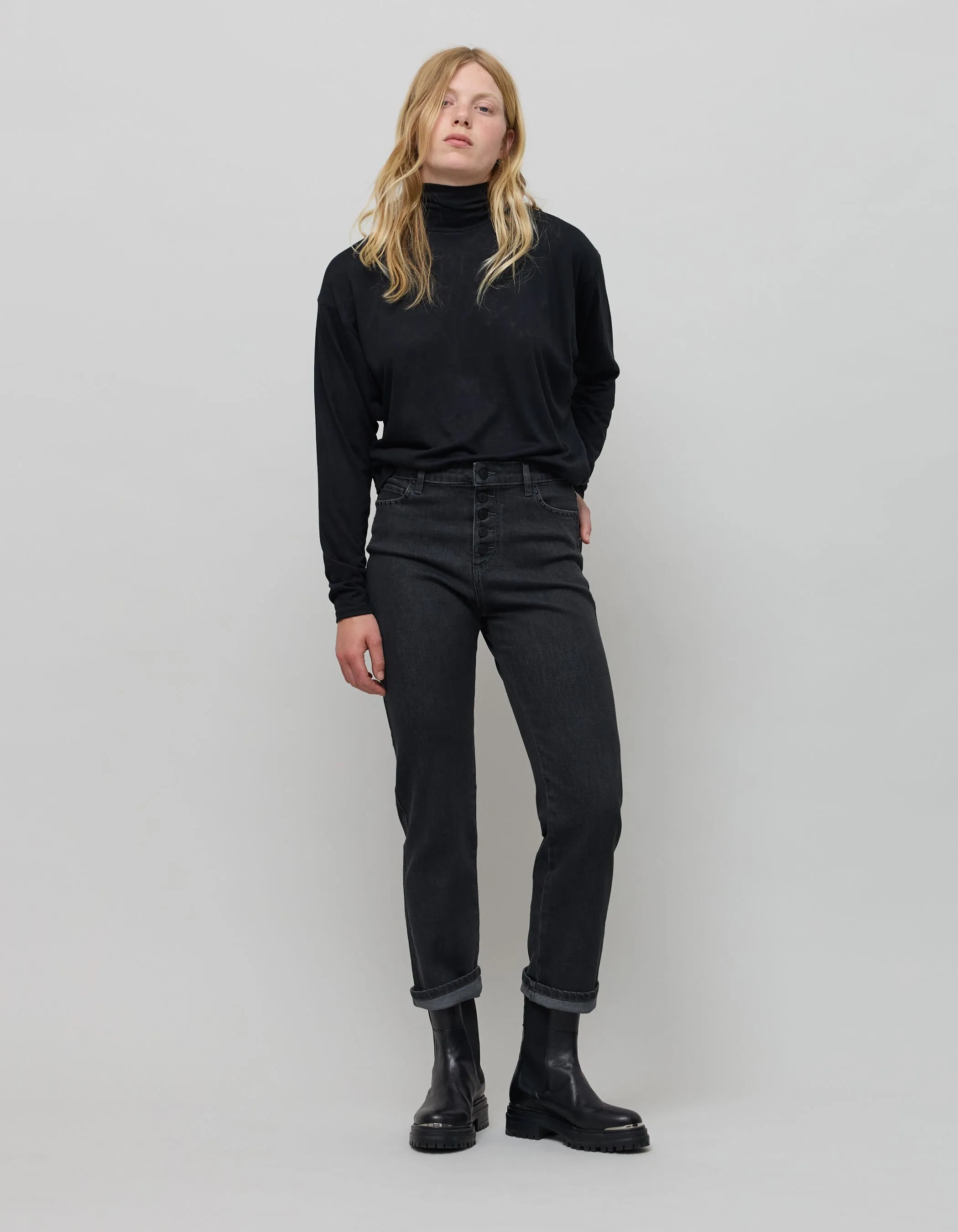 Jean droit noir délavé taille haute décor clous Femme