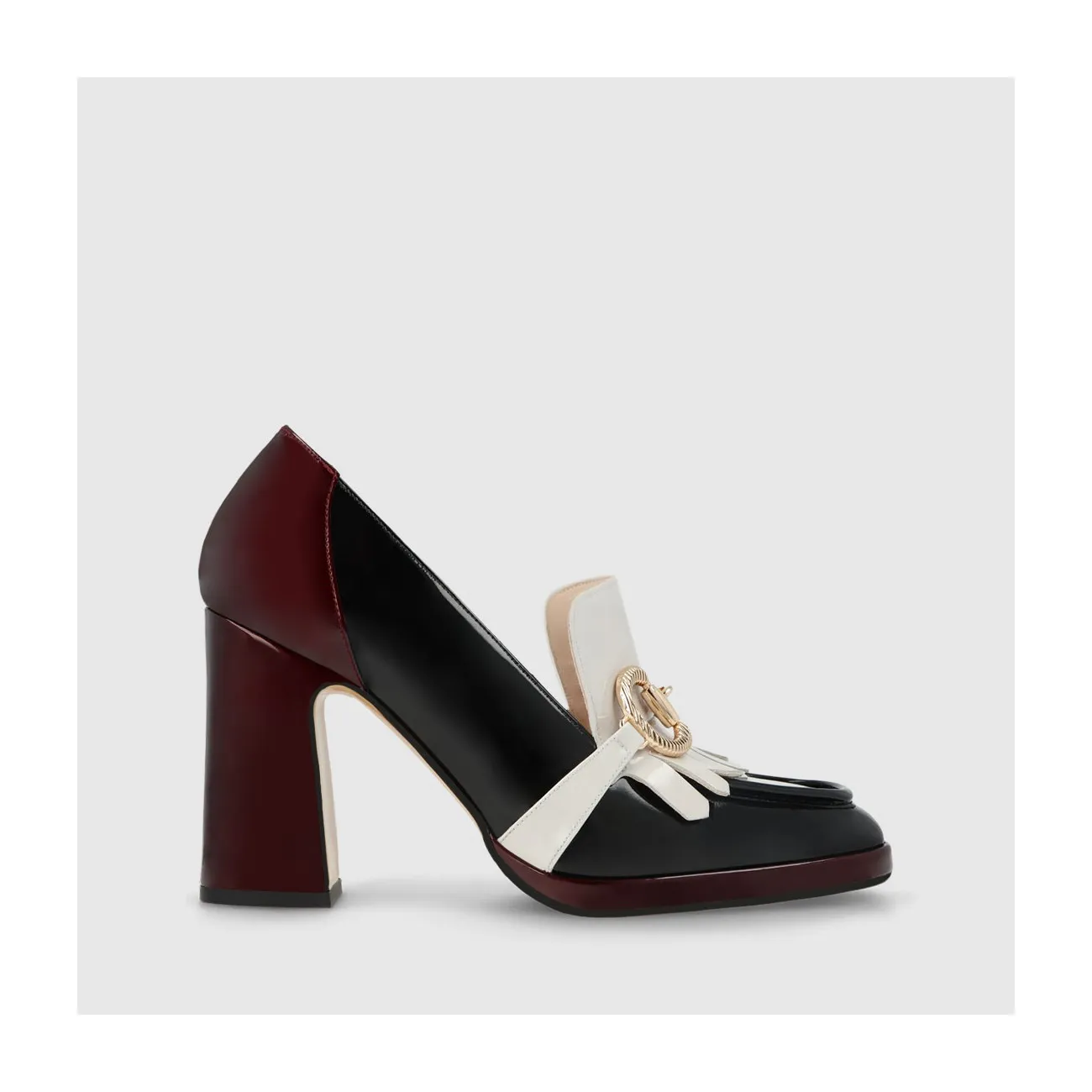 Mocassins femme en cuir verni noir, blanc et bordeaux à talons et à boucle | LODI Chaussures femme en ligne.