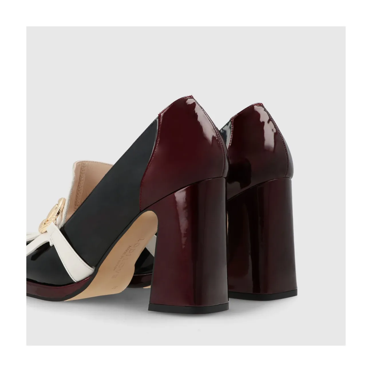 Mocassins femme en cuir verni noir, blanc et bordeaux à talons et à boucle | LODI Chaussures femme en ligne.