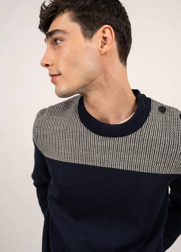 Pull MARIN DINAN  bicolore à coudières jacquard, en laine vierge
