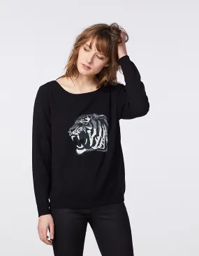 Pull noir en majorité laine jacquard tigre femme