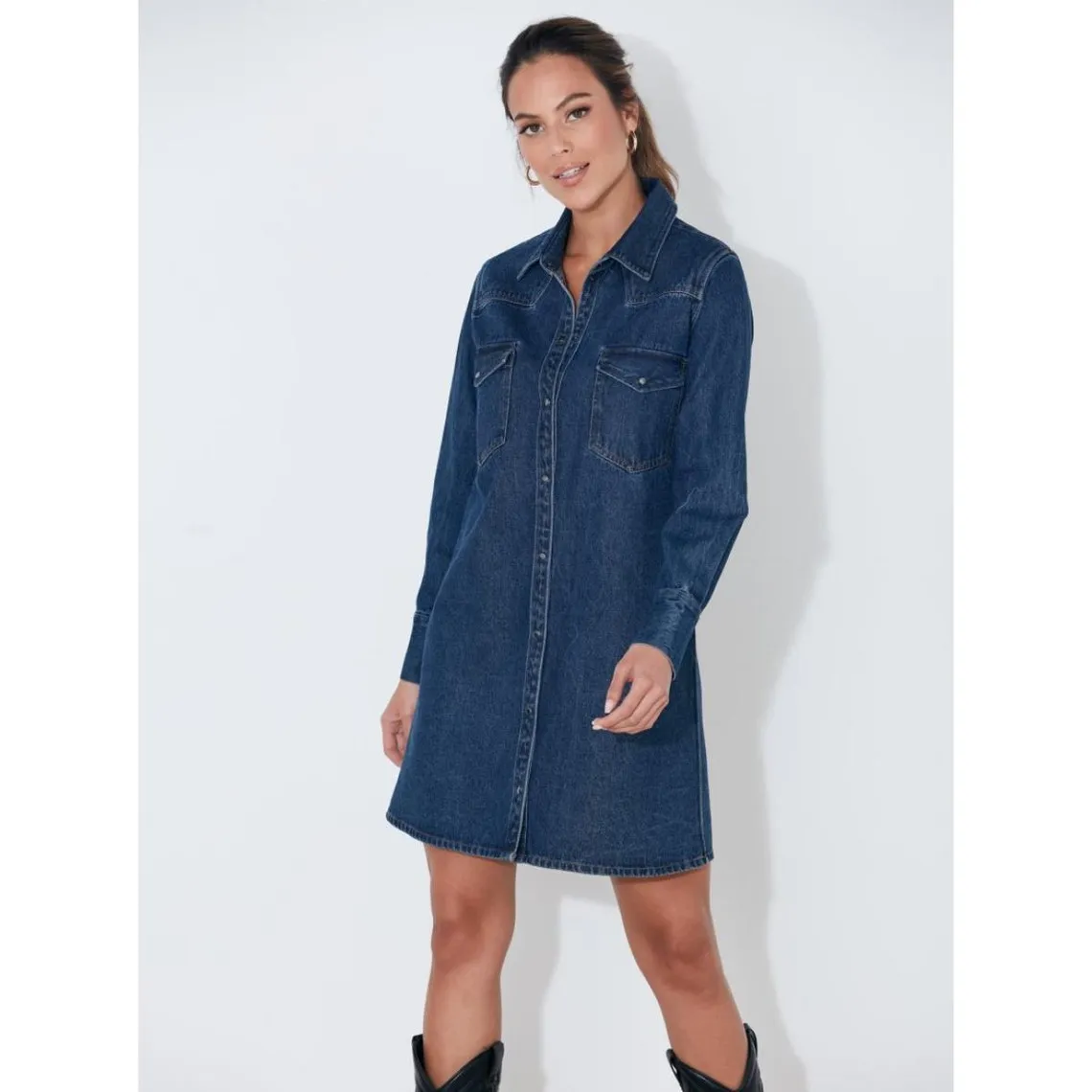 Robe chemise en jean à manches longues bleu foncé | 3 Suisses
