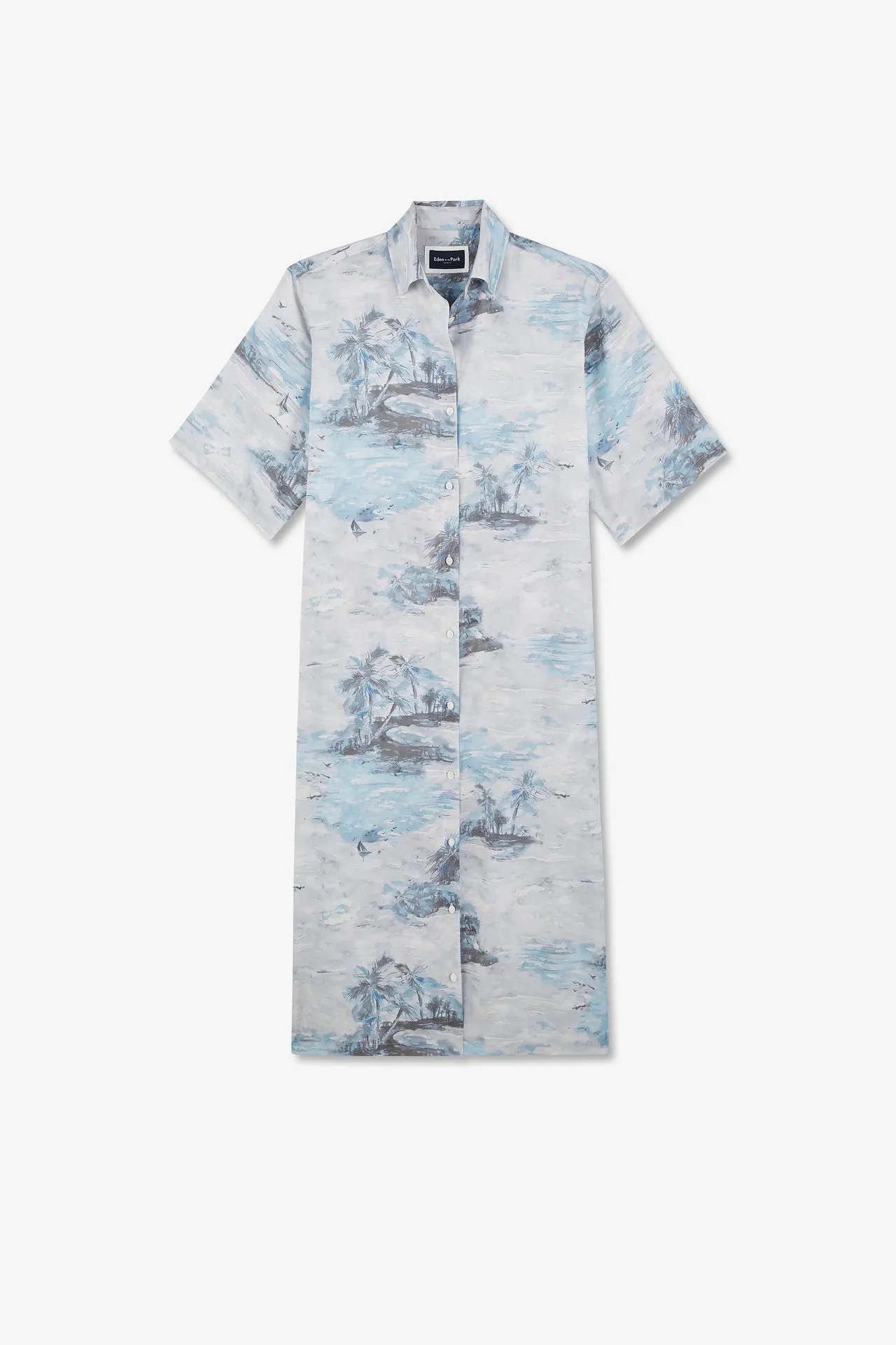 Robe chemise en lyocell bleu imprimé Palmiers