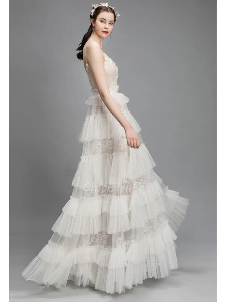 Robe De Mariée Originale Bohème Longue Ivoire Tulle à Volants
