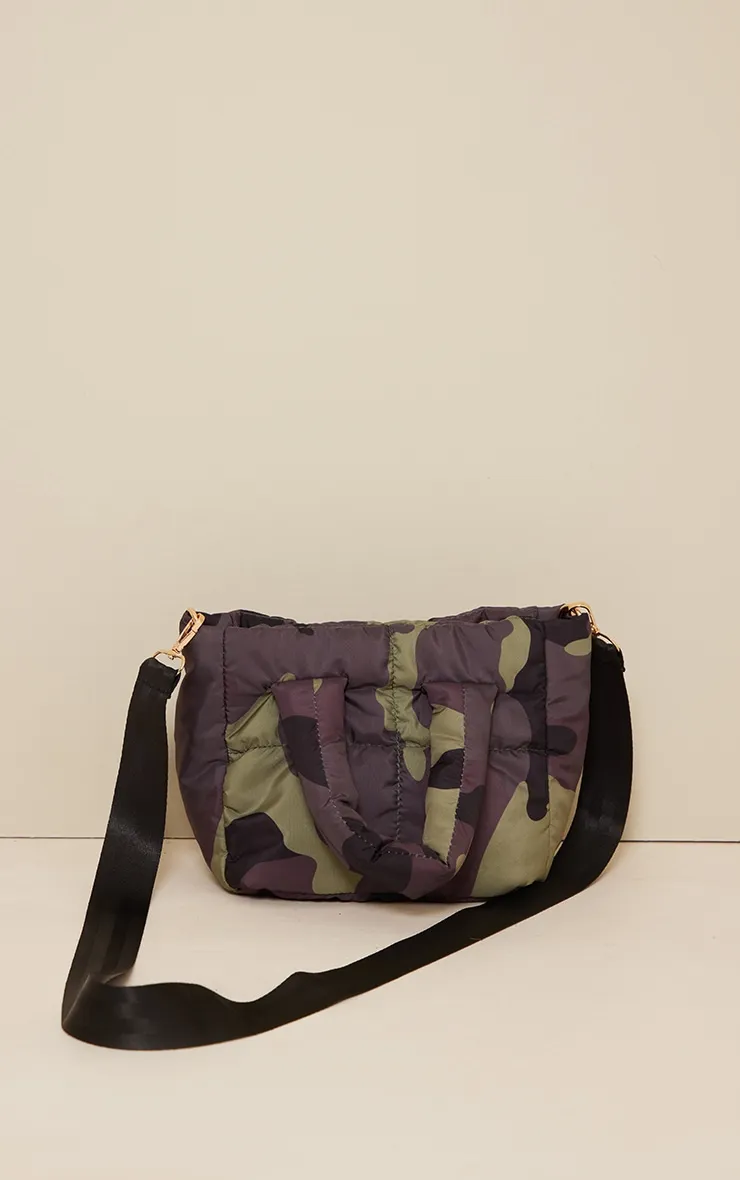 Sac à bandoulière matelassé kaki en nylon imprimé camouflage