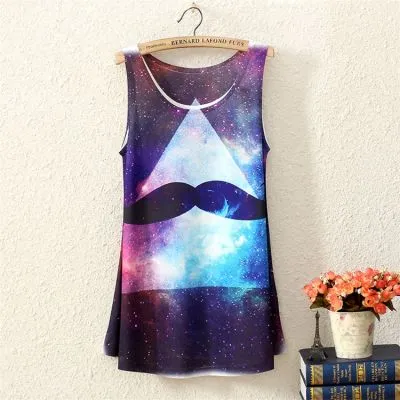 T shirt Sans Manches Galaxie Nébuleuse Moustache pour Femme